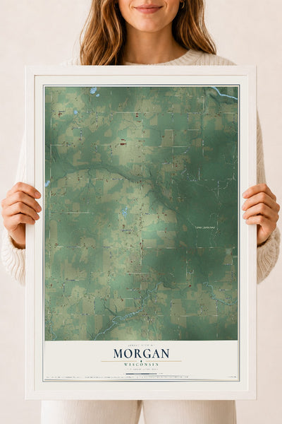 Map of Morgan, Wisconsin, 18 x 24 inch print in a white wood frame