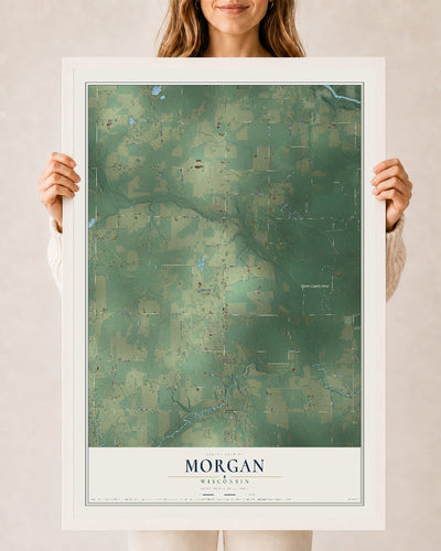 Map of Morgan, Wisconsin, 24 x 36 inch print in a white wood frame
