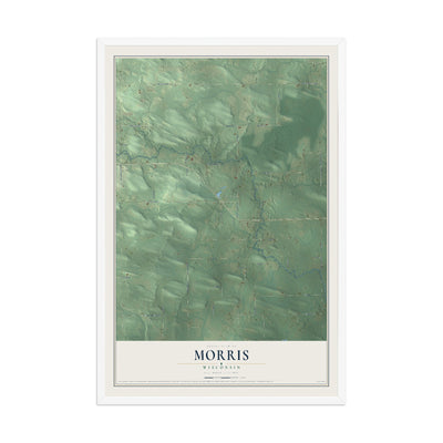 Map of Morris, Wisconsin, 12 x 18 inch print in a white wood frame