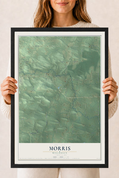 Map of Morris, Wisconsin, 18 x 24 inch print in a black wood frame