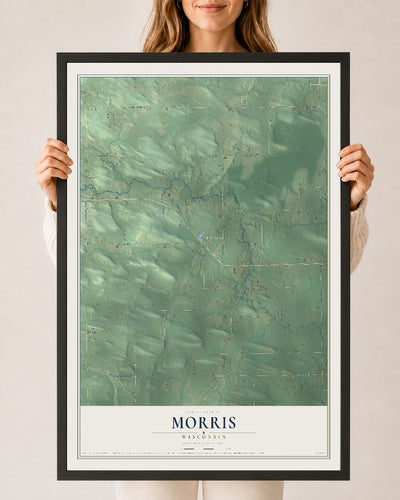 Map of Morris, Wisconsin, 24 x 36 inch print in a black wood frame