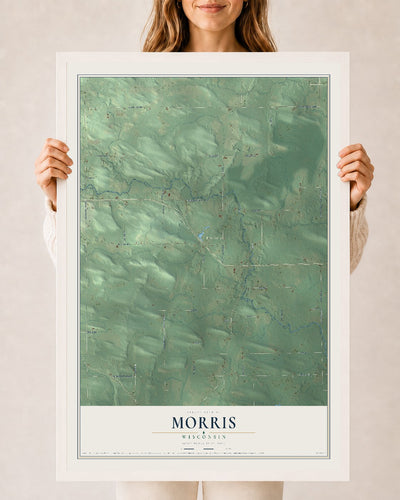 Map of Morris, Wisconsin, 24 x 36 inch print in a white wood frame