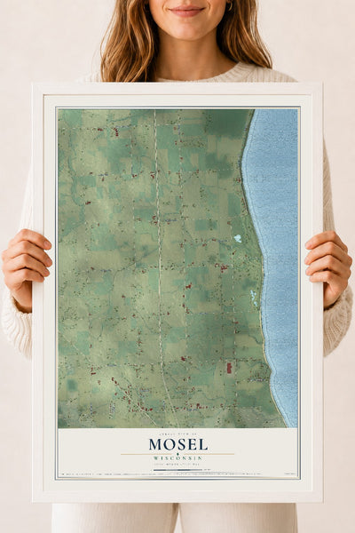 Map of Mosel, Wisconsin, 18 x 24 inch print in a white wood frame