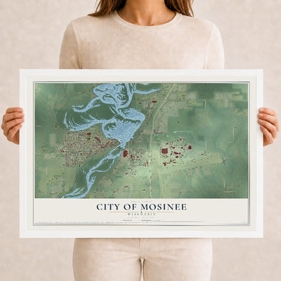 Map of Mosinee, Wisconsin, 12 x 18 inch print in a white wood frame