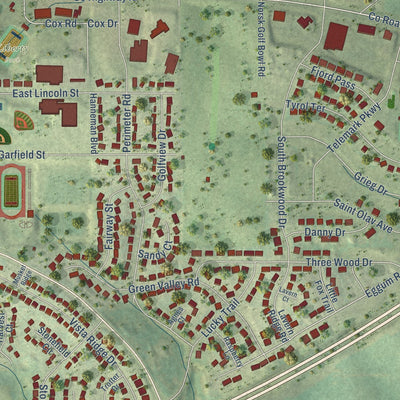 Second close-up of the map of Mount Horeb, Wisconsin print showing more streets and buildings