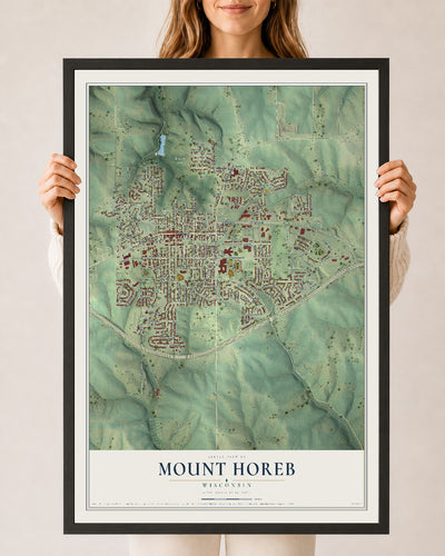 Map of Mount Horeb, Wisconsin, 24 x 36 inch print in a black wood frame