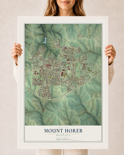 Map of Mount Horeb, Wisconsin, 24 x 36 inch print in a white wood frame