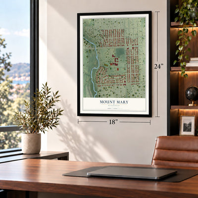 Mount Mary, Wisconsin map, 18 x 24 inch print in a black frame in a home office