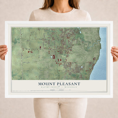 Map of Mount Pleasant, Racine County, Wisconsin, 18 x 24 inch print in a white wood frame