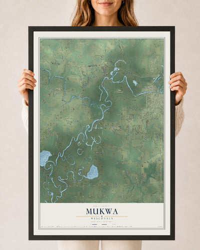Map of Mukwa, Wisconsin, 24 x 36 inch print in a black wood frame