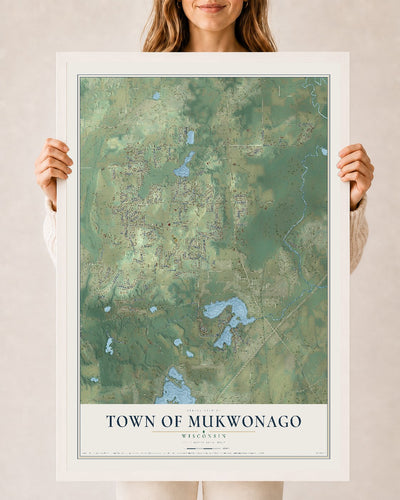 Map of the Town of Mukwonago, Wisconsin, 24 x 36 inch print in a white wood frame