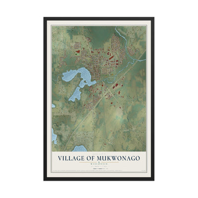 Map of Mukwonago, Wisconsin, 12 x 18 inch print in a black wood frame