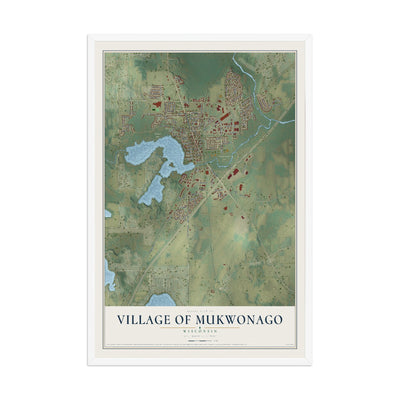 Map of Mukwonago, Wisconsin, 12 x 18 inch print in a white wood frame