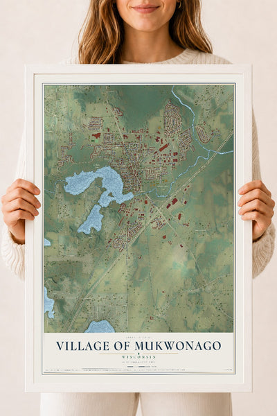 Map of Mukwonago, Wisconsin, 18 x 24 inch print in a white wood frame