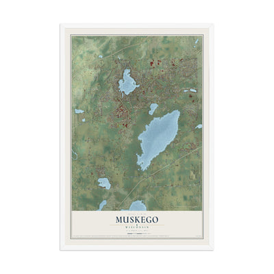 Map of Muskego, Wisconsin, 12 x 18 inch print in a white wood frame