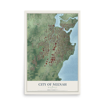 Map of Neenah, Wisconsin, 12 x 18 inch unframed archival matte print