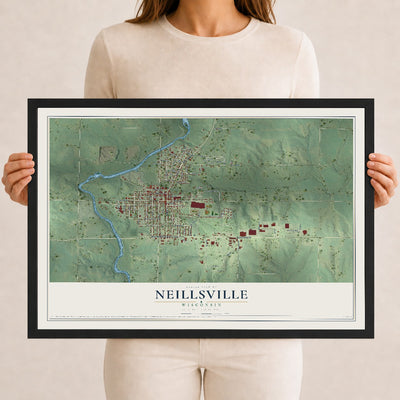 Map of Neillsville, Wisconsin, 12 x 18 inch print in a black wood frame