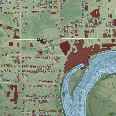 Close-up of the map of Nekoosa, Wisconsin print showing street and building detail