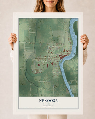 Map of Nekoosa, Wisconsin, 24 x 36 inch print in a white wood frame