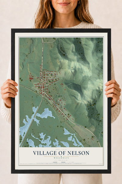 Map of Nelson, Wisconsin, 18 x 24 inch print in a black wood frame