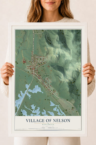 Map of Nelson, Wisconsin, 18 x 24 inch print in a white wood frame