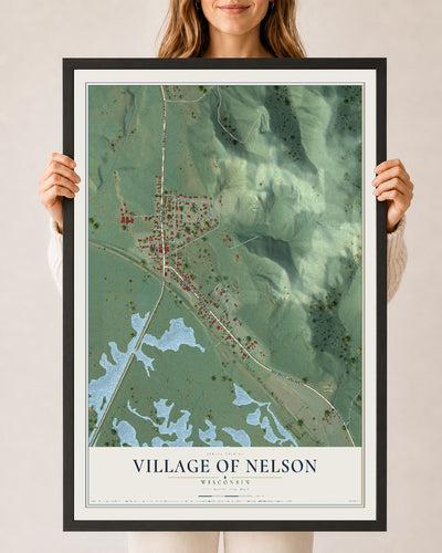 Map of Nelson, Wisconsin, 24 x 36 inch print in a black wood frame