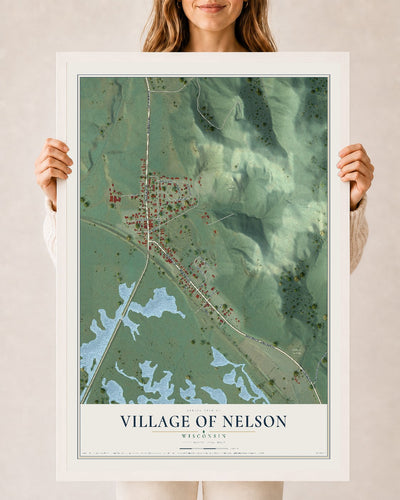 Map of Nelson, Wisconsin, 24 x 36 inch print in a white wood frame