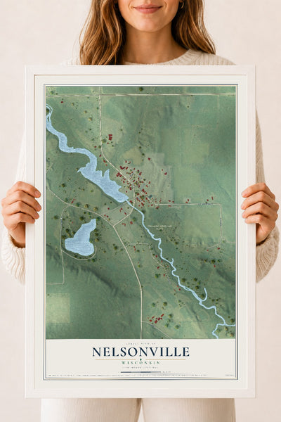 Map of Nelsonville, Wisconsin, 18 x 24 inch print in a white wood frame