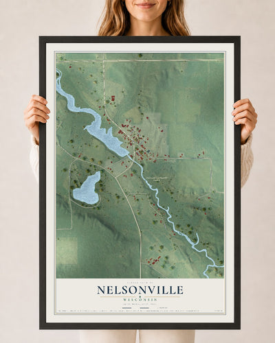 Map of Nelsonville, Wisconsin, 24 x 36 inch print in a black wood frame