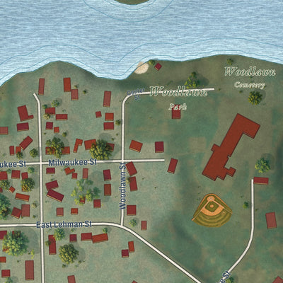 Close-up of the map of Neosho, Wisconsin print showing street and building detail
