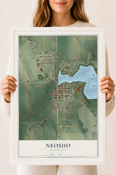 Map of Neosho, Wisconsin, 18 x 24 inch print in a white wood frame