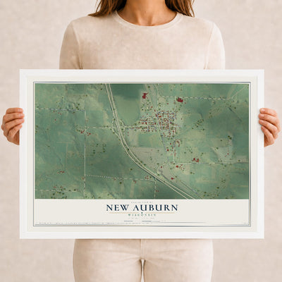 Map of New Auburn, Wisconsin, 12 x 18 inch print in a white wood frame
