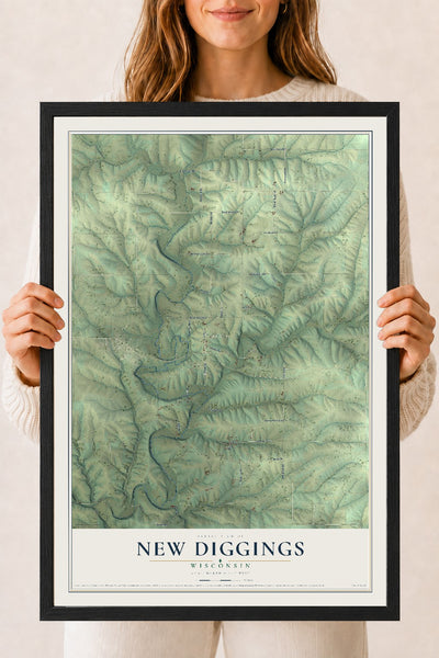 Map of New Diggings, Wisconsin, 18 x 24 inch print in a black wood frame