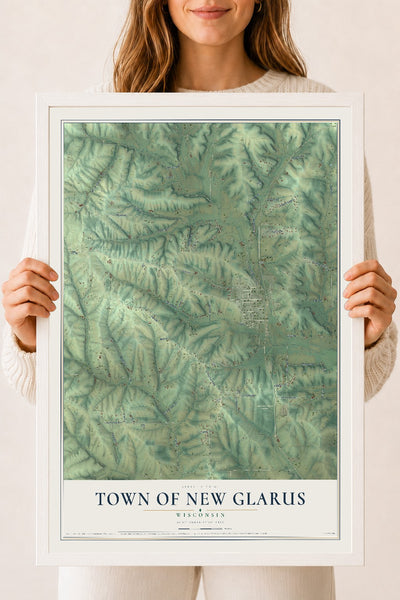 Map of the Town of New Glarus, Wisconsin, 18 x 24 inch print in a white wood frame