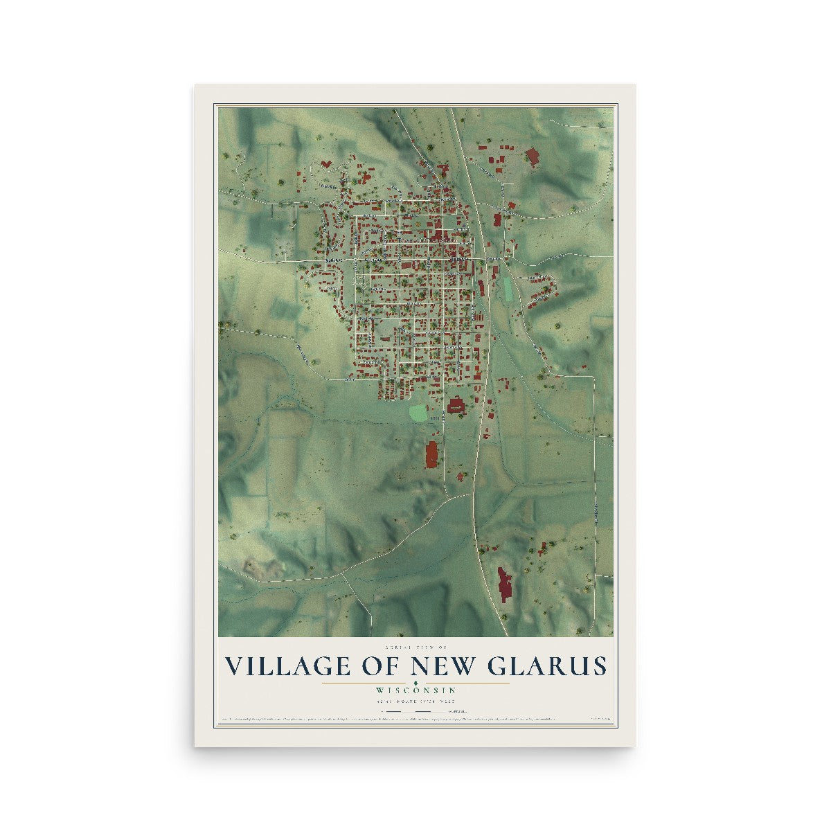 Map of New Glarus, Wisconsin, 12 x 18 inch unframed archival matte print