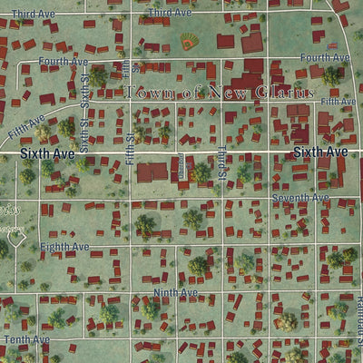 Close-up of the map of New Glarus, Wisconsin print showing street and building detail