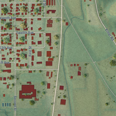 Second close-up of the map of New Glarus, Wisconsin print showing more streets and buildings