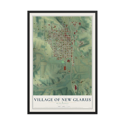 Map of New Glarus, Wisconsin, 12 x 18 inch print in a black wood frame