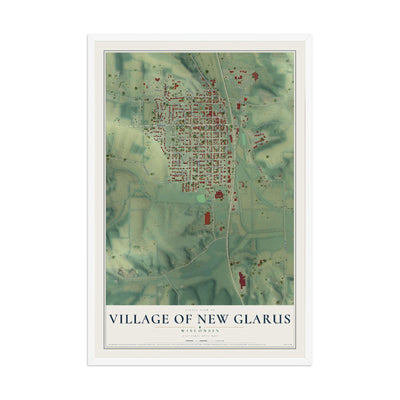 Map of New Glarus, Wisconsin, 12 x 18 inch print in a white wood frame