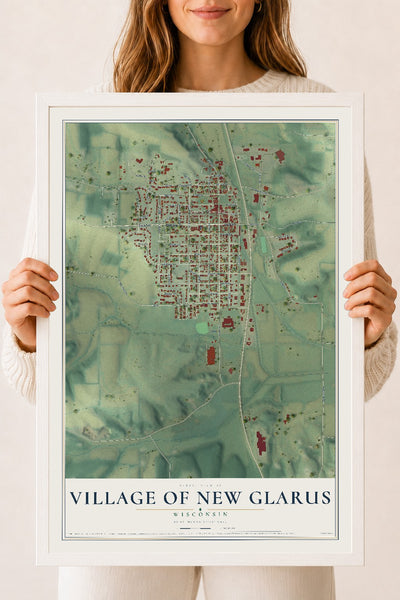 Map of New Glarus, Wisconsin, 18 x 24 inch print in a white wood frame