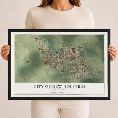 Map of New Holstein, Wisconsin, 12 x 18 inch print in a black wood frame