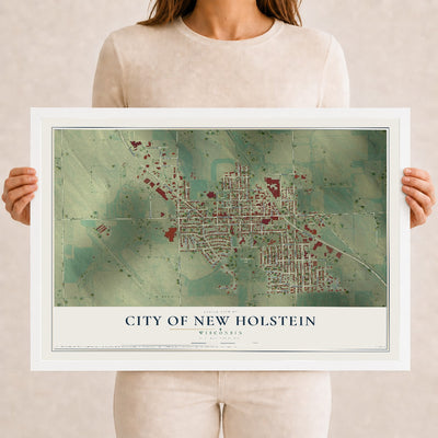Map of New Holstein, Wisconsin, 12 x 18 inch print in a white wood frame