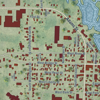Close-up of the map of New Lisbon, Wisconsin print showing street and building detail