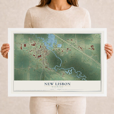 Map of New Lisbon, Wisconsin, 12 x 18 inch print in a white wood frame