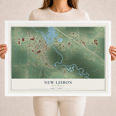 Map of New Lisbon, Wisconsin, 18 x 24 inch print in a white wood frame