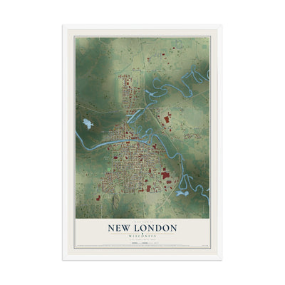 Map of New London, Wisconsin, 12 x 18 inch print in a white wood frame