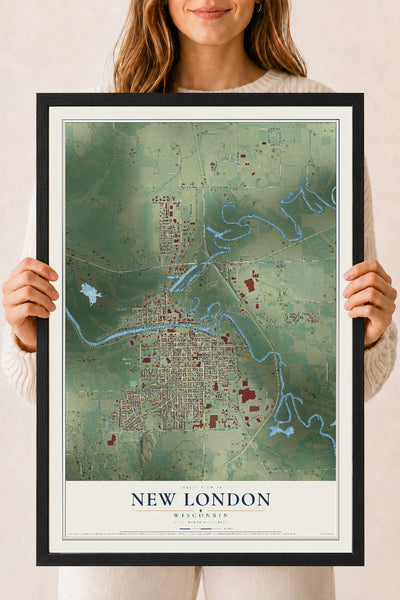 Map of New London, Wisconsin, 18 x 24 inch print in a black wood frame
