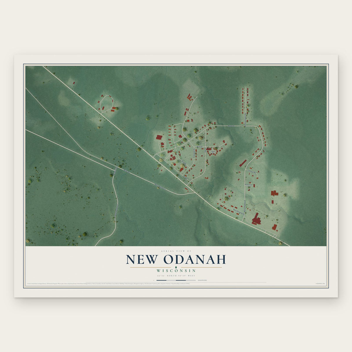 New Odanah, Wisconsin map print, the full design