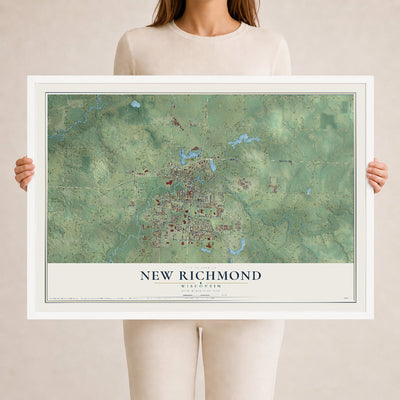 Map of New Richmond, Wisconsin, 24 x 36 inch print in a white wood frame