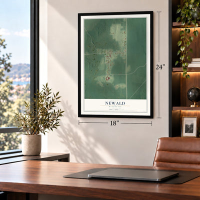 Newald, Wisconsin map, 18 x 24 inch print in a black frame in a home office